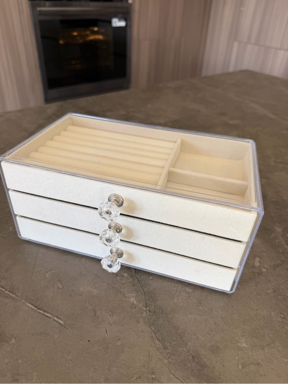 Cream Jewelry Organizer Box with Clear Lid and Crystal Knobs